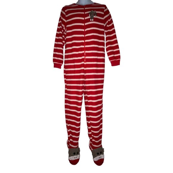 Nick & Nora Red Sock Monkey Pajamas Womens M Footie Unionsuit PJs Costume Stripe - Picture 1 of 8